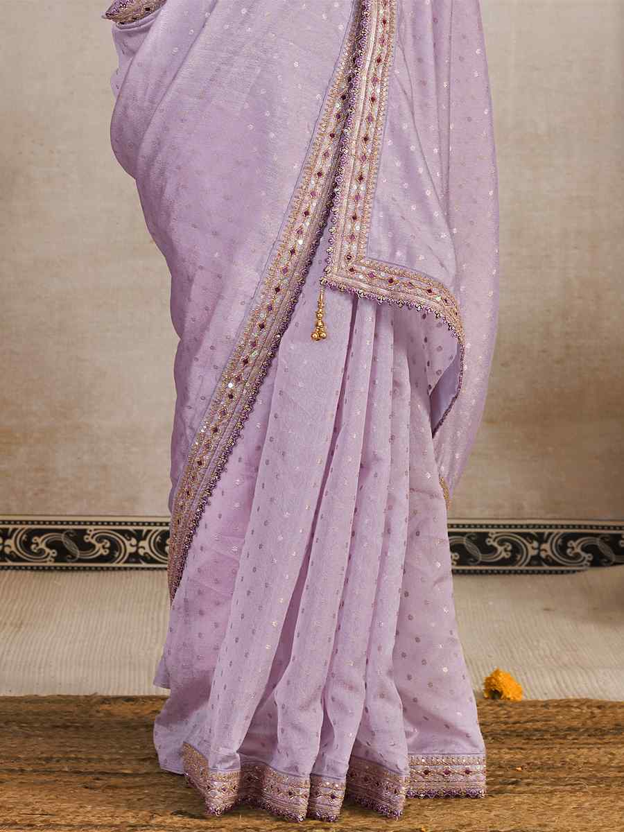 Lavender Silk Organza Embroidered Party Reception Heavy Border Saree