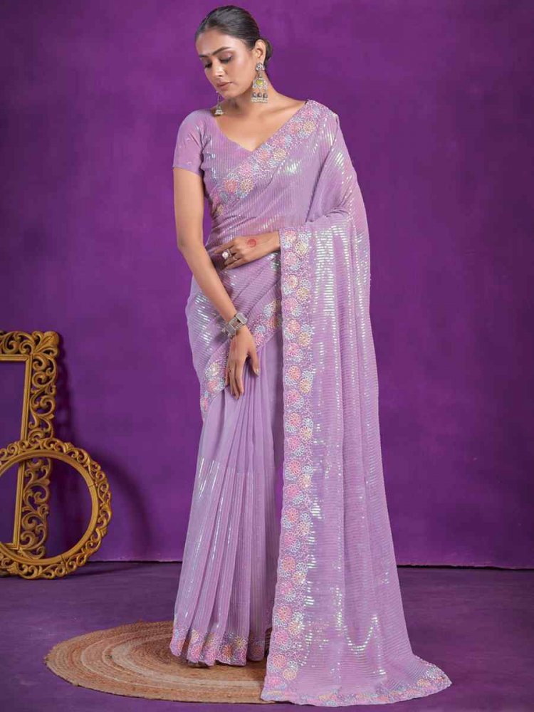 Lavender Simer Embroidered Wedding Party Heavy Border Saree