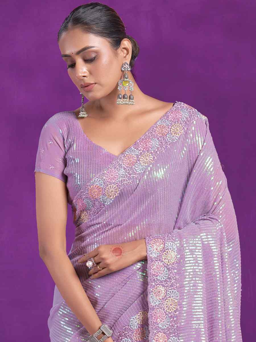 Lavender Simer Embroidered Wedding Party Heavy Border Saree