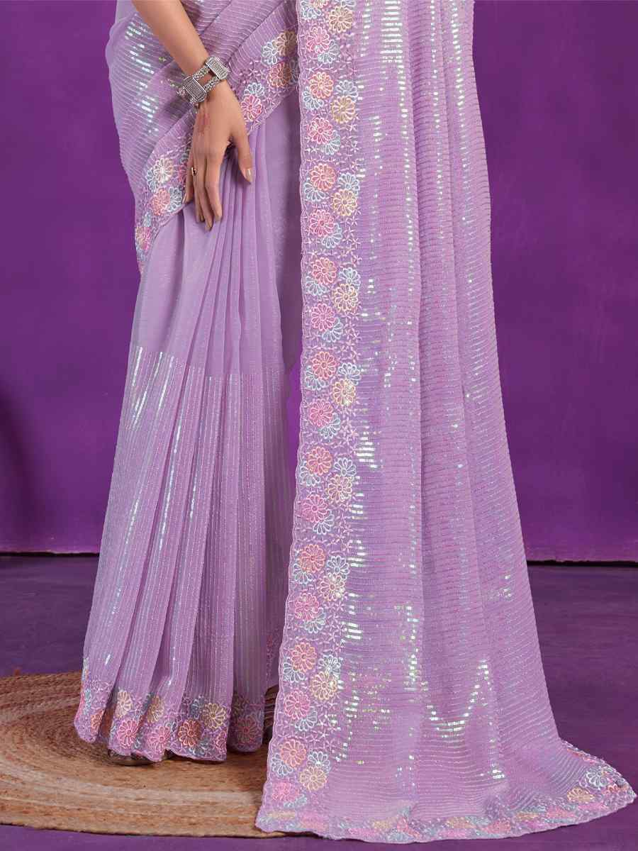 Lavender Simer Embroidered Wedding Party Heavy Border Saree