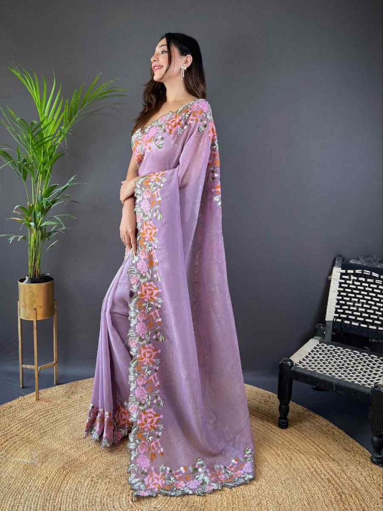 Lavender Soft Glossy Silk Embroidered Reception Party Heavy Border Saree