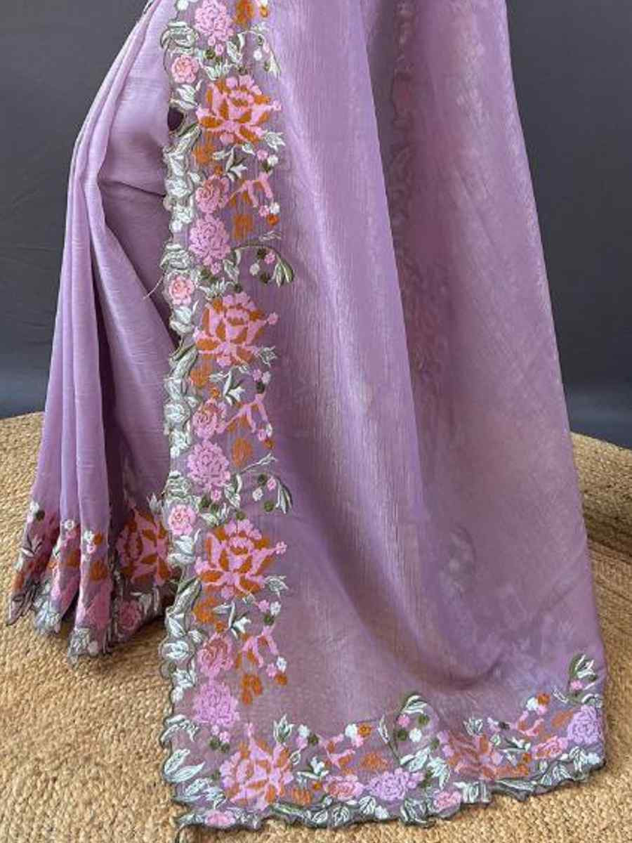 Lavender Soft Glossy Silk Embroidered Reception Party Heavy Border Saree