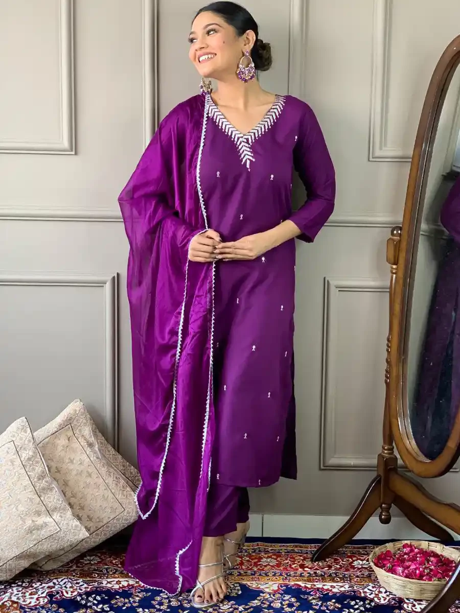 Lavender Soft Organza Embroidered Festival Casual Ready Pant Salwar Kameez