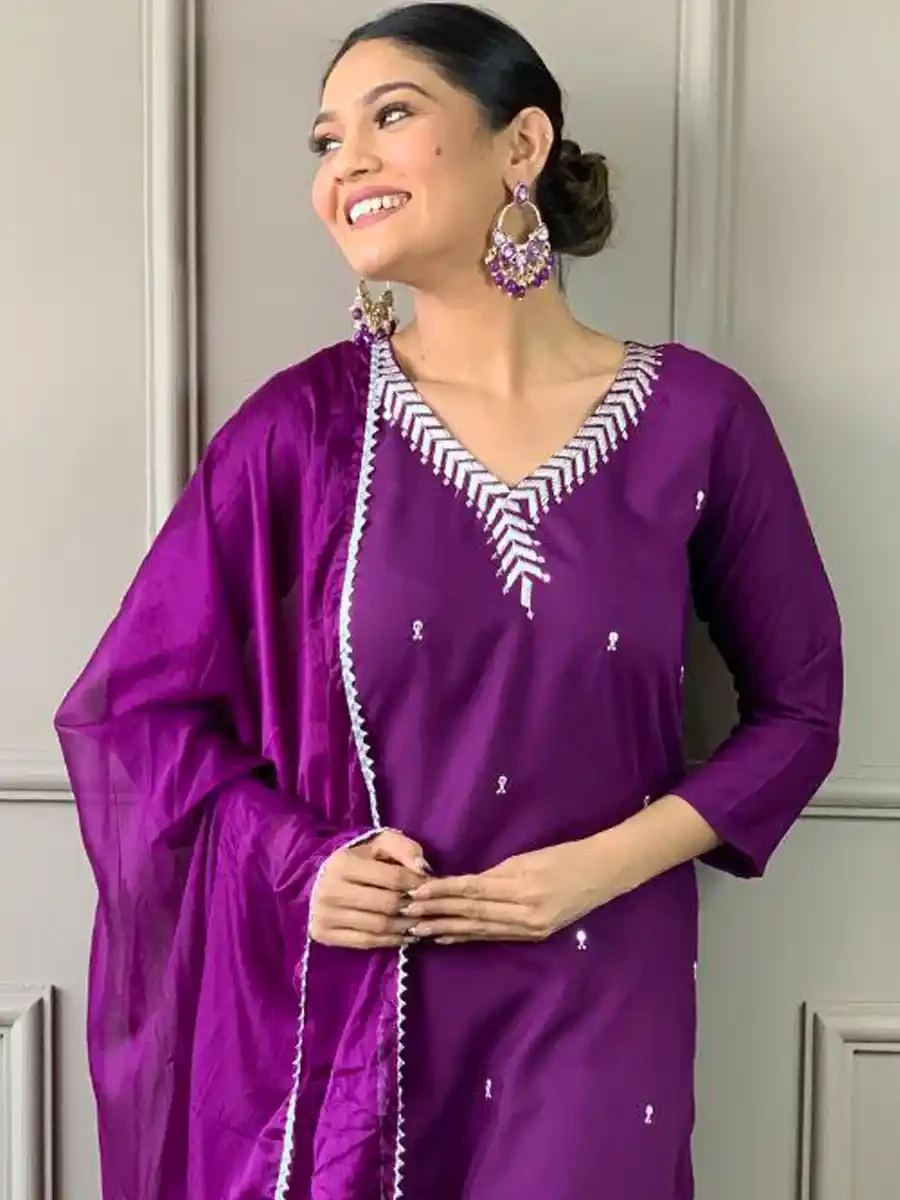 Lavender Soft Organza Embroidered Festival Casual Ready Pant Salwar Kameez