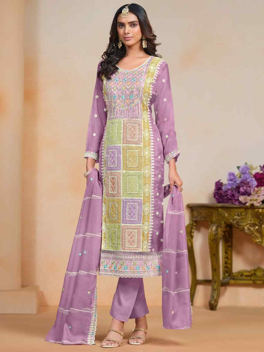 Lavender Soft Organza Embroidered Festival Wedding Pant Salwar Kameez