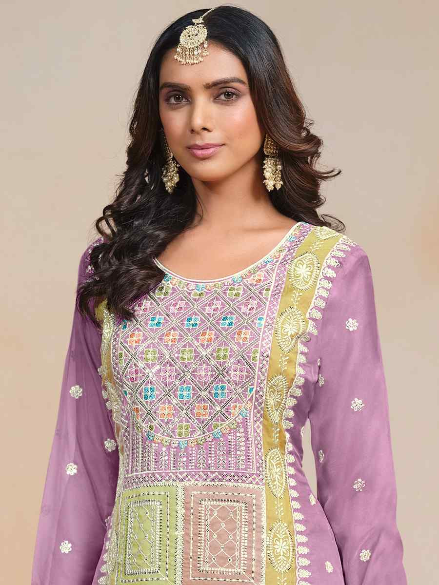 Lavender Soft Organza Embroidered Festival Wedding Pant Salwar Kameez