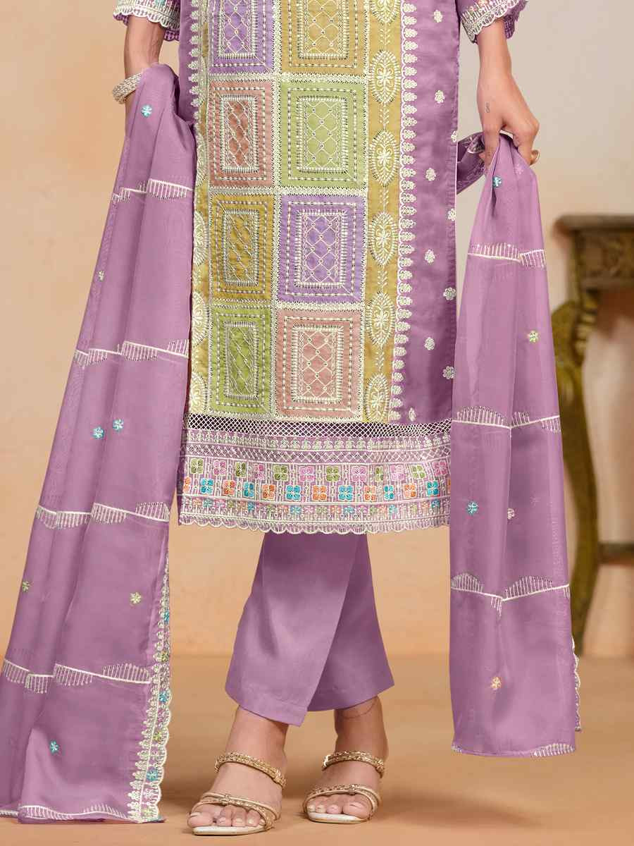 Lavender Soft Organza Embroidered Festival Wedding Pant Salwar Kameez