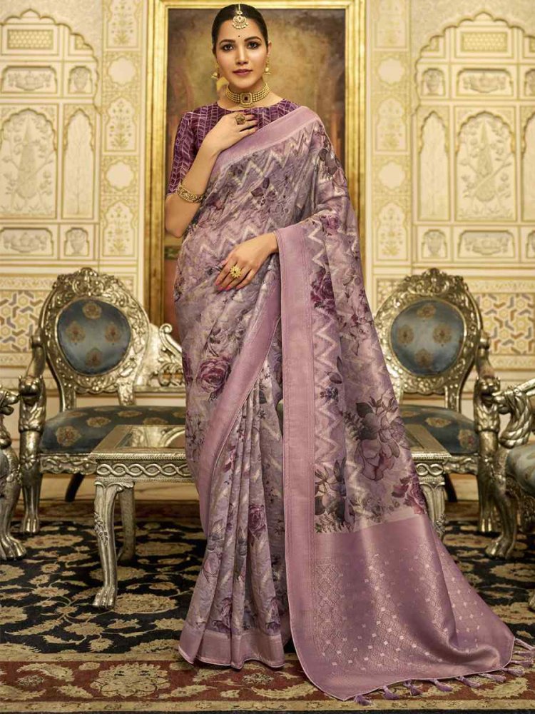 Lavender Tissue Organza Silk Handwoven Festival Wedding Heavy Border Saree