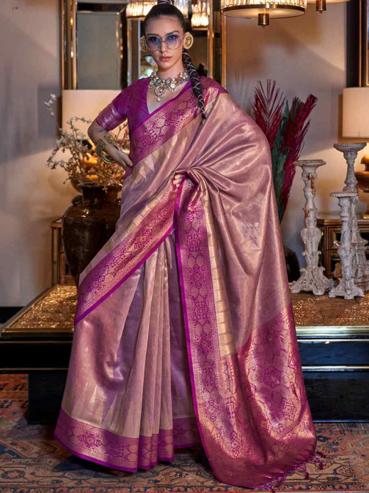 Lavender Tissue Silk Handwoven Festival Wedding Heavy Border Saree