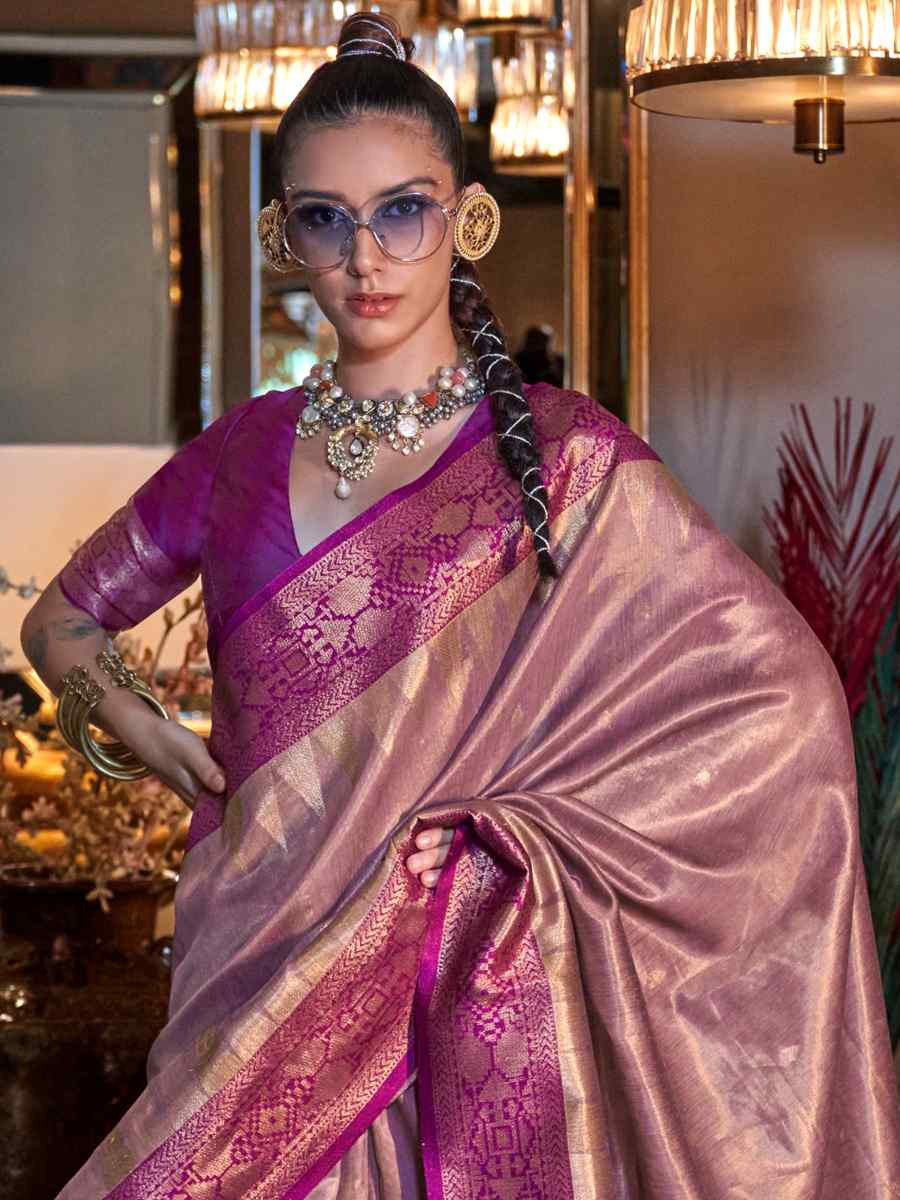 Lavender Tissue Silk Handwoven Festival Wedding Heavy Border Saree