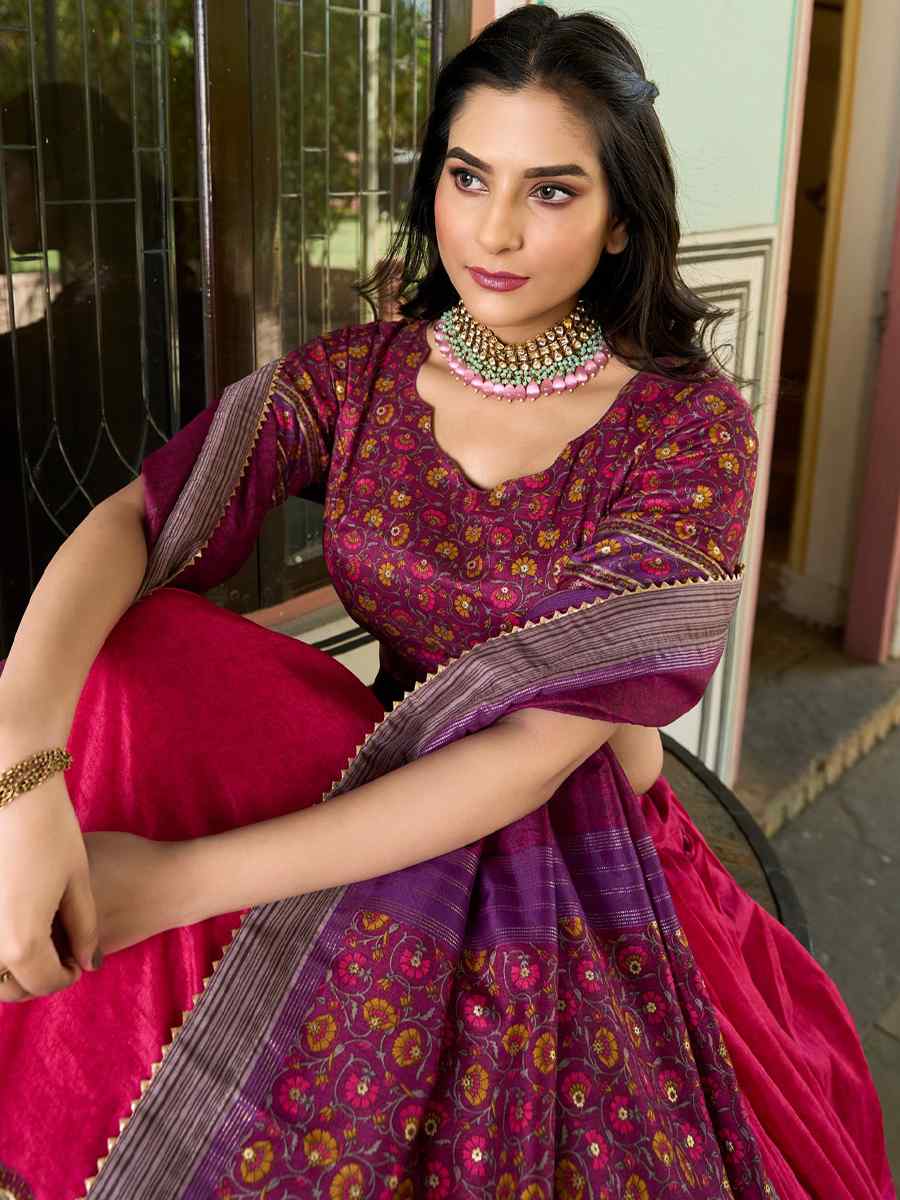 Lavender Tussar Silk Printed Festival Mehendi Heavy Border Lehenga Choli