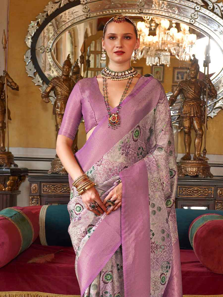 Lavender Tusser Silk Handwoven Festival Wedding Heavy Border Saree