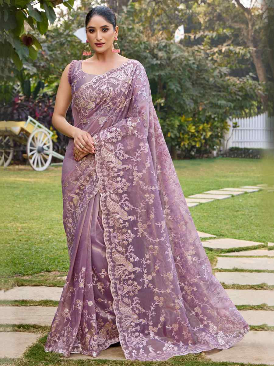 Lavender Twill Net Embroidered Casual Festival Wedding Heavy Border Saree