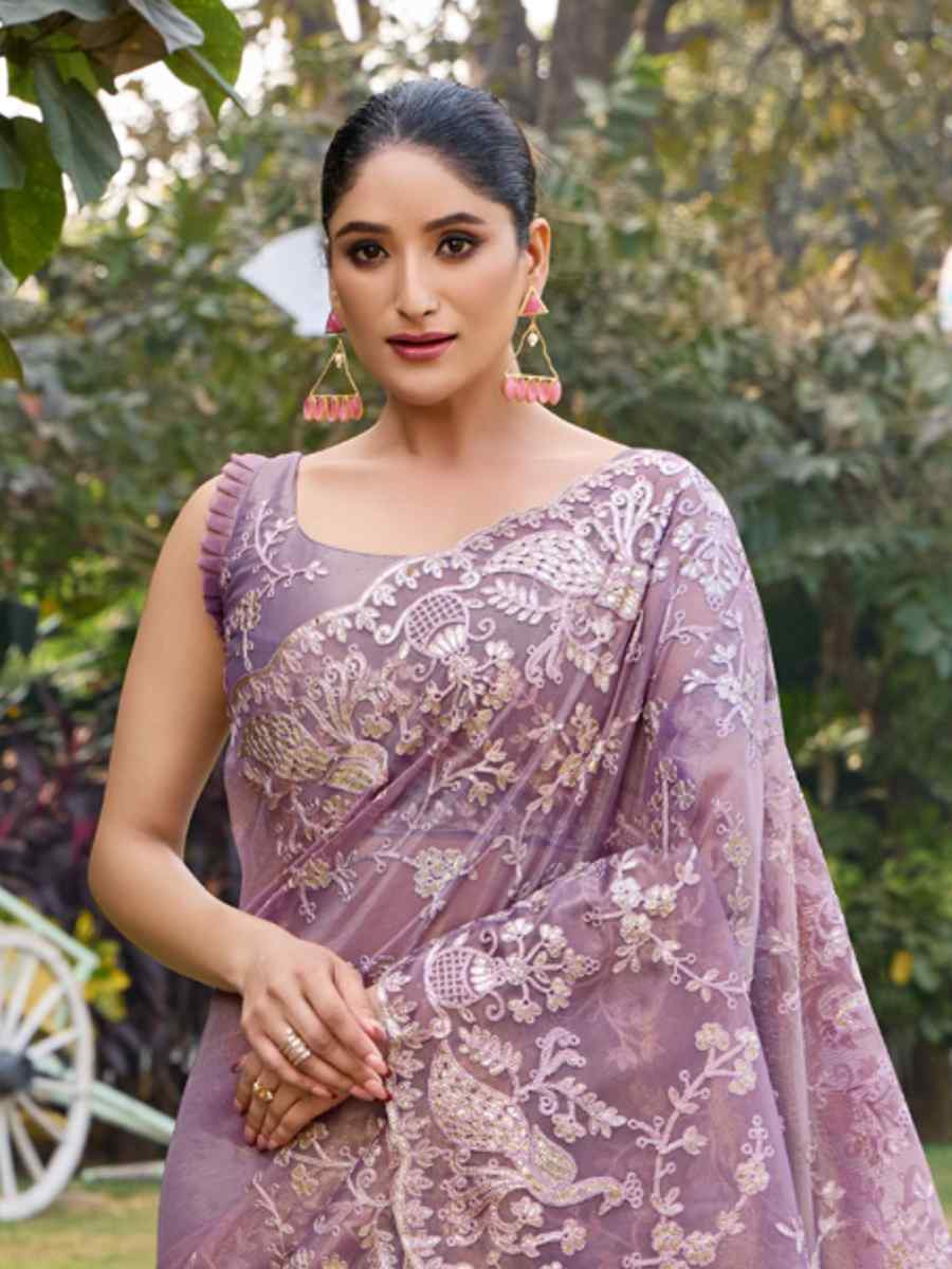 Lavender Twill Net Embroidered Casual Festival Wedding Heavy Border Saree