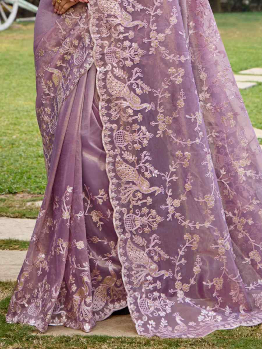 Lavender Twill Net Embroidered Casual Festival Wedding Heavy Border Saree