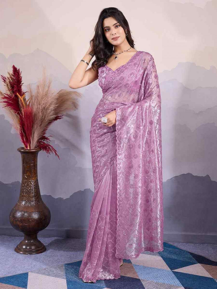 Lavender Twill Net Handwoven Festival Wedding Heavy Border Saree