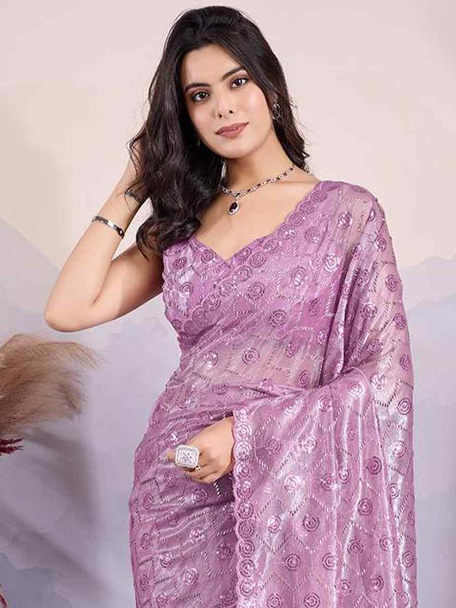 Lavender Twill Net Handwoven Festival Wedding Heavy Border Saree