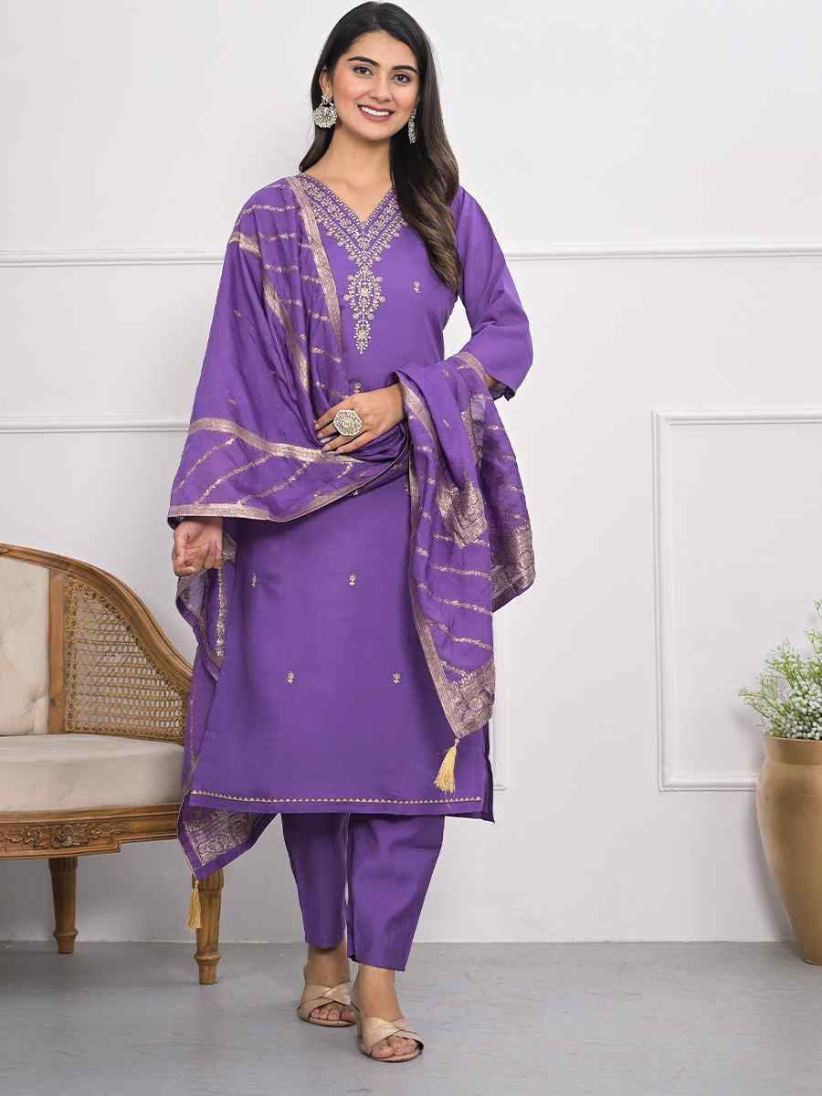 Lavender Viscoce Silk Embroidered Festival Wedding Ready Pant Salwar Kameez