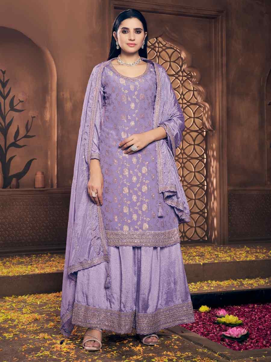 Lavender Viscose Chinon Embroidered Festival Wedding Palazzo Pant Salwar Kameez