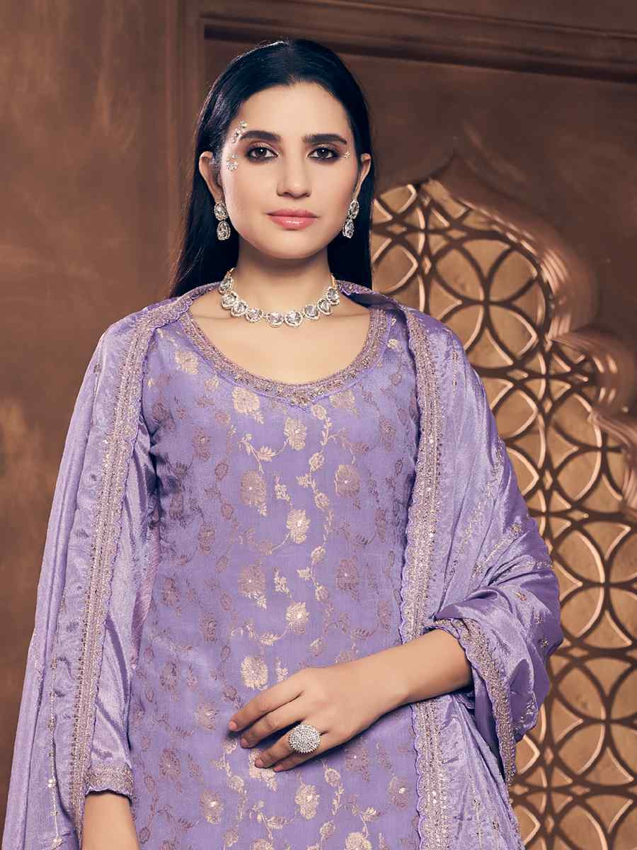 Lavender Viscose Chinon Embroidered Festival Wedding Palazzo Pant Salwar Kameez