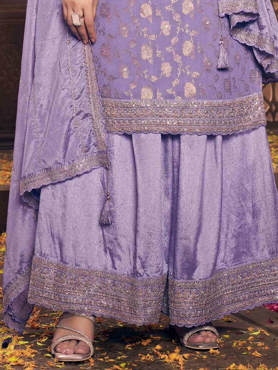 Lavender Viscose Chinon Embroidered Festival Wedding Palazzo Pant Salwar Kameez