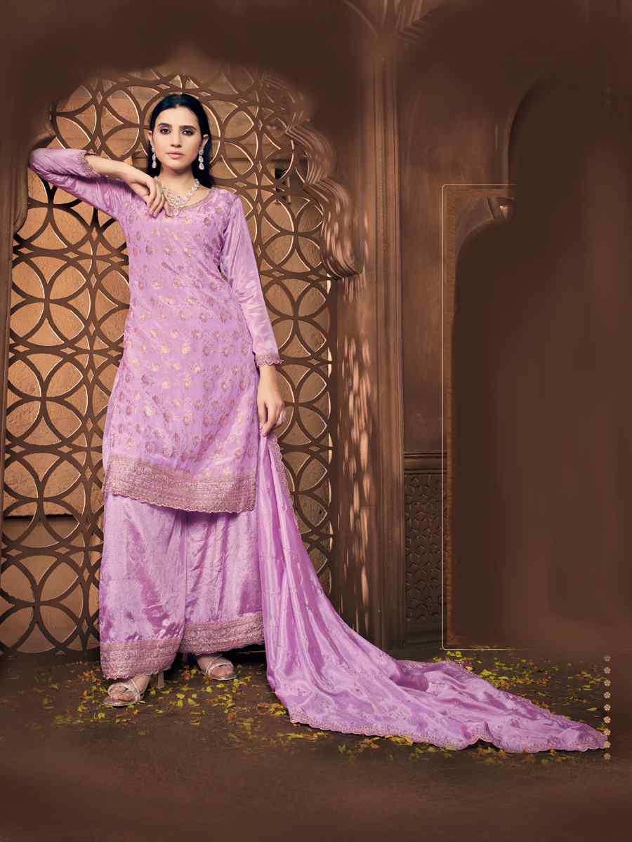 Lavender Viscose Chinon Embroidered Festival Wedding Palazzo Pant Salwar Kameez