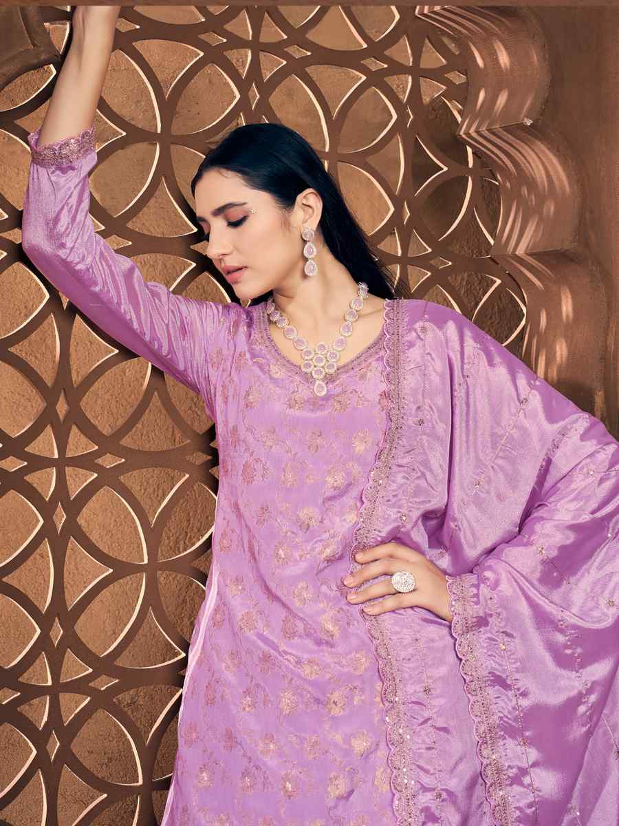 Lavender Viscose Chinon Embroidered Festival Wedding Palazzo Pant Salwar Kameez