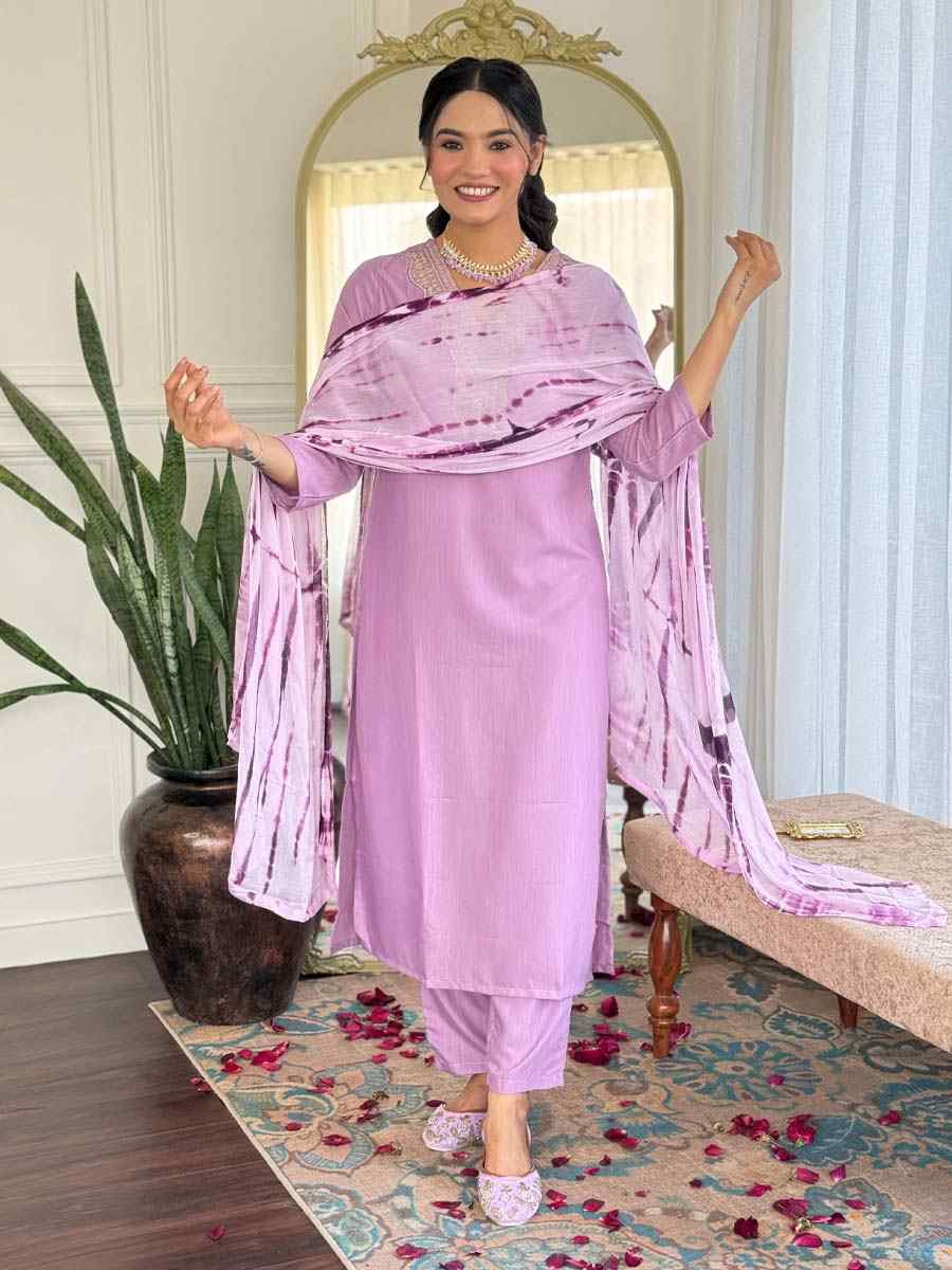 Lavender Viscose Slub Embroidered Festival Casual Ready Pant Salwar Kameez