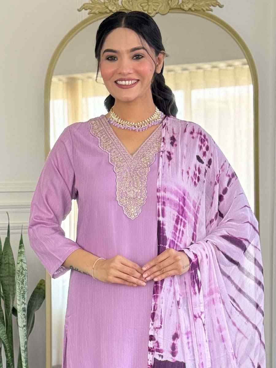 Lavender Viscose Slub Embroidered Festival Casual Ready Pant Salwar Kameez