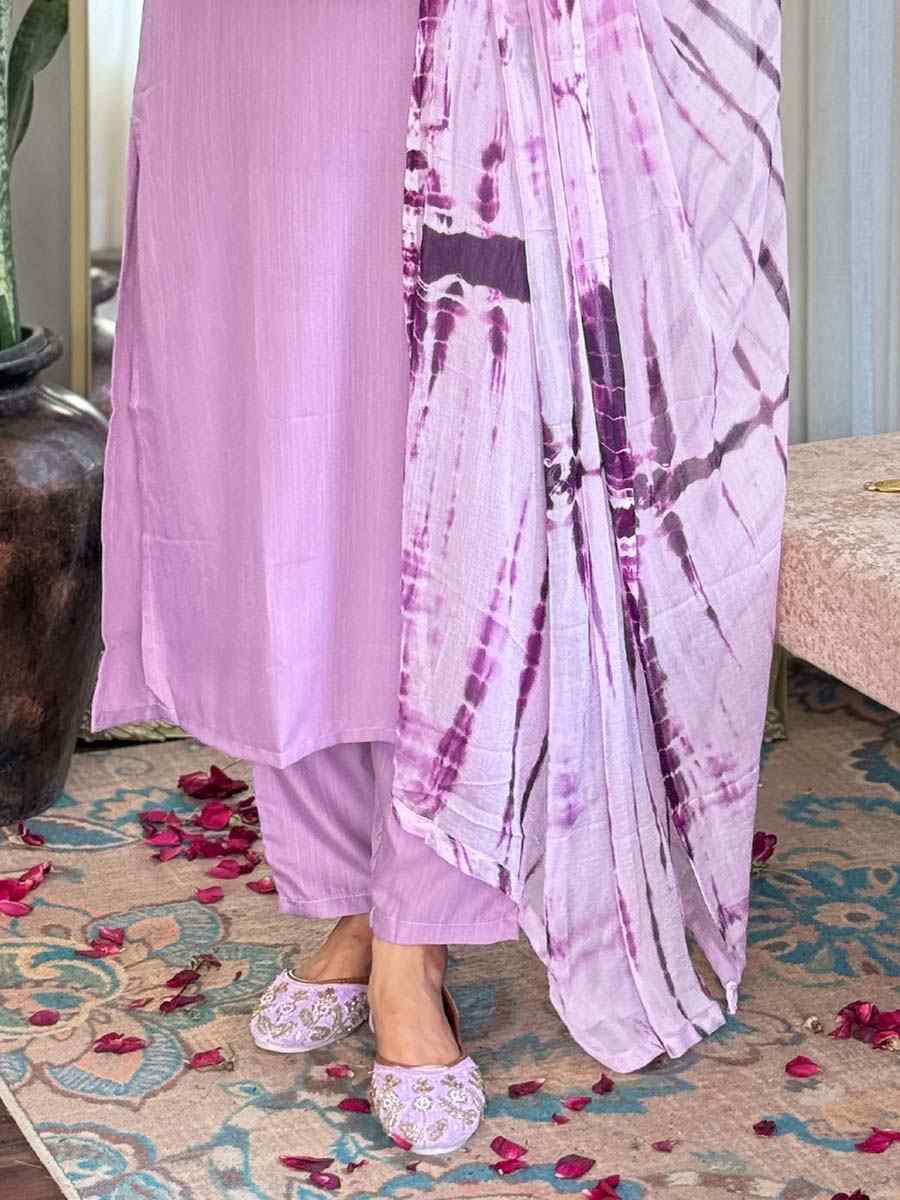 Lavender Viscose Slub Embroidered Festival Casual Ready Pant Salwar Kameez