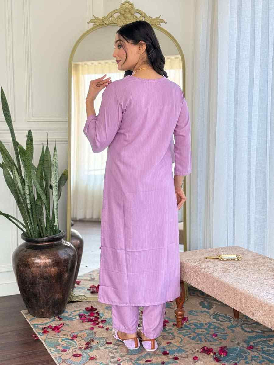 Lavender Viscose Slub Embroidered Festival Casual Ready Pant Salwar Kameez