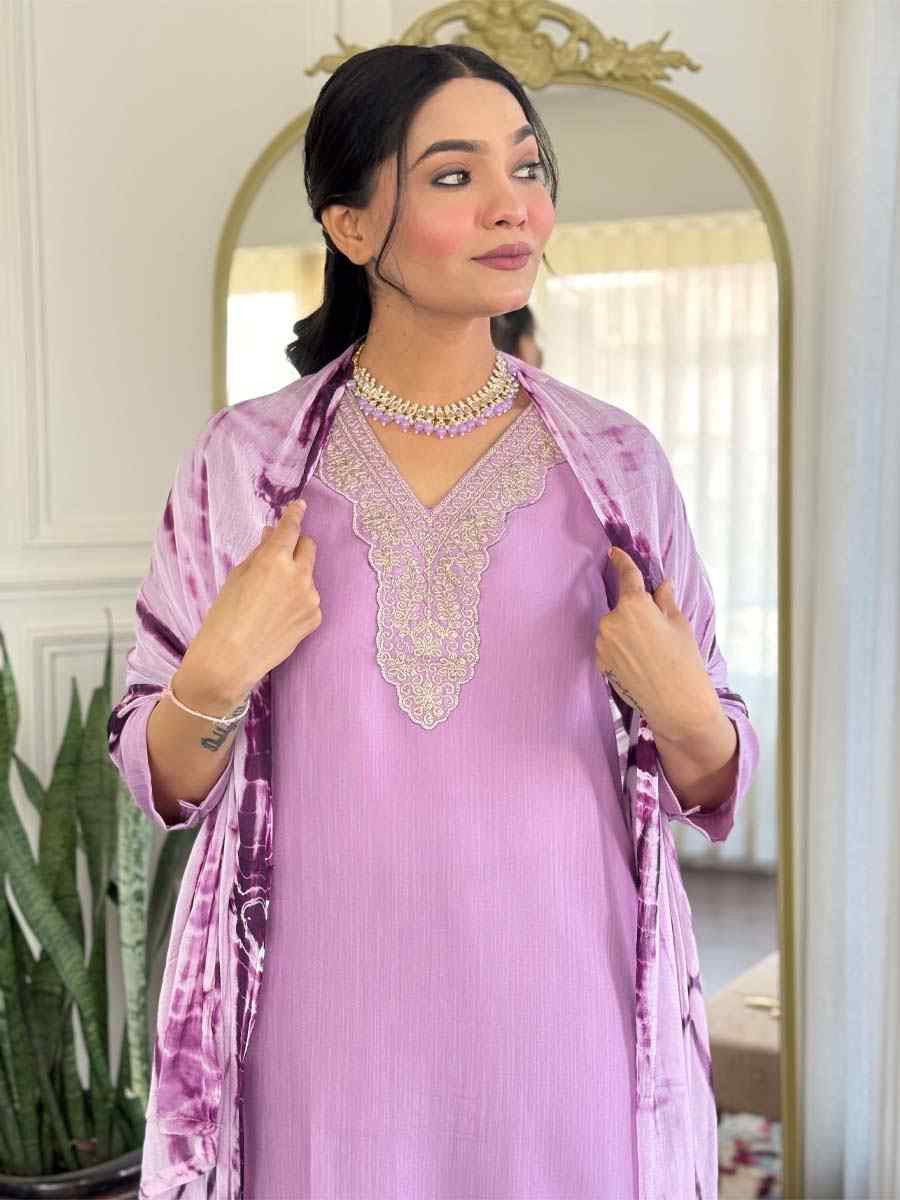 Lavender Viscose Slub Embroidered Festival Casual Ready Pant Salwar Kameez