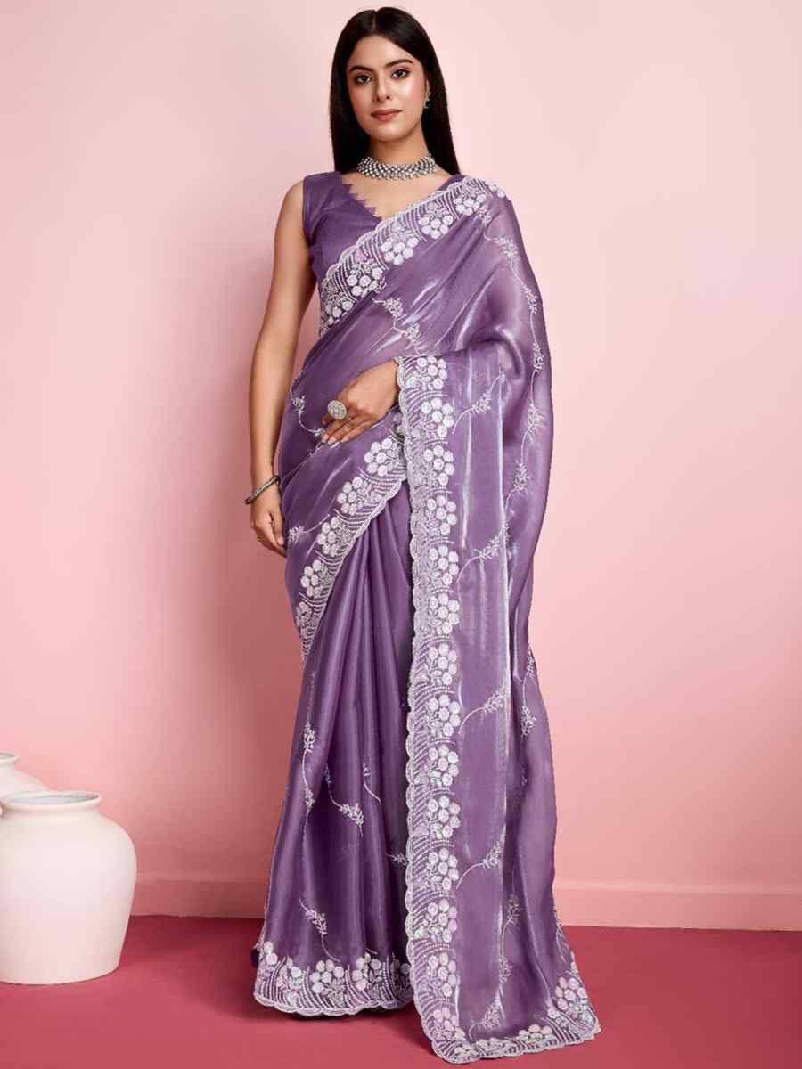 Lavender Zimmy Chu Silk Embroidered Wedding Party Heavy Border Saree