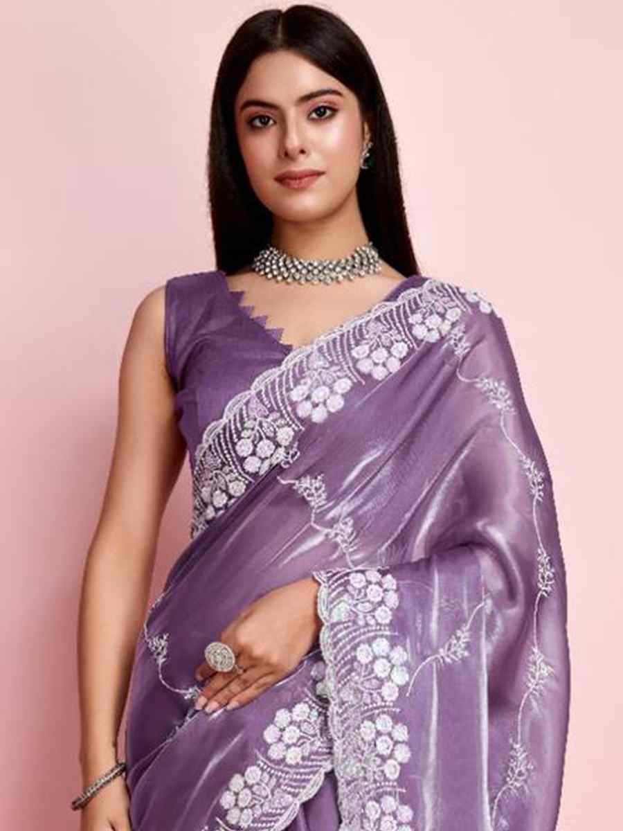 Lavender Zimmy Chu Silk Embroidered Wedding Party Heavy Border Saree