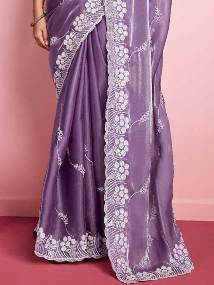 Lavender Zimmy Chu Silk Embroidered Wedding Party Heavy Border Saree