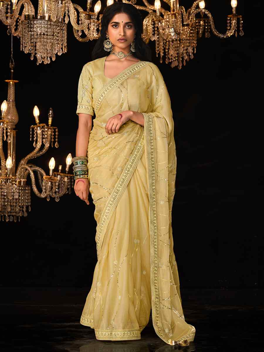 Lemon Glass Tissue Embroidered Wedding Festival Heavy Border Saree