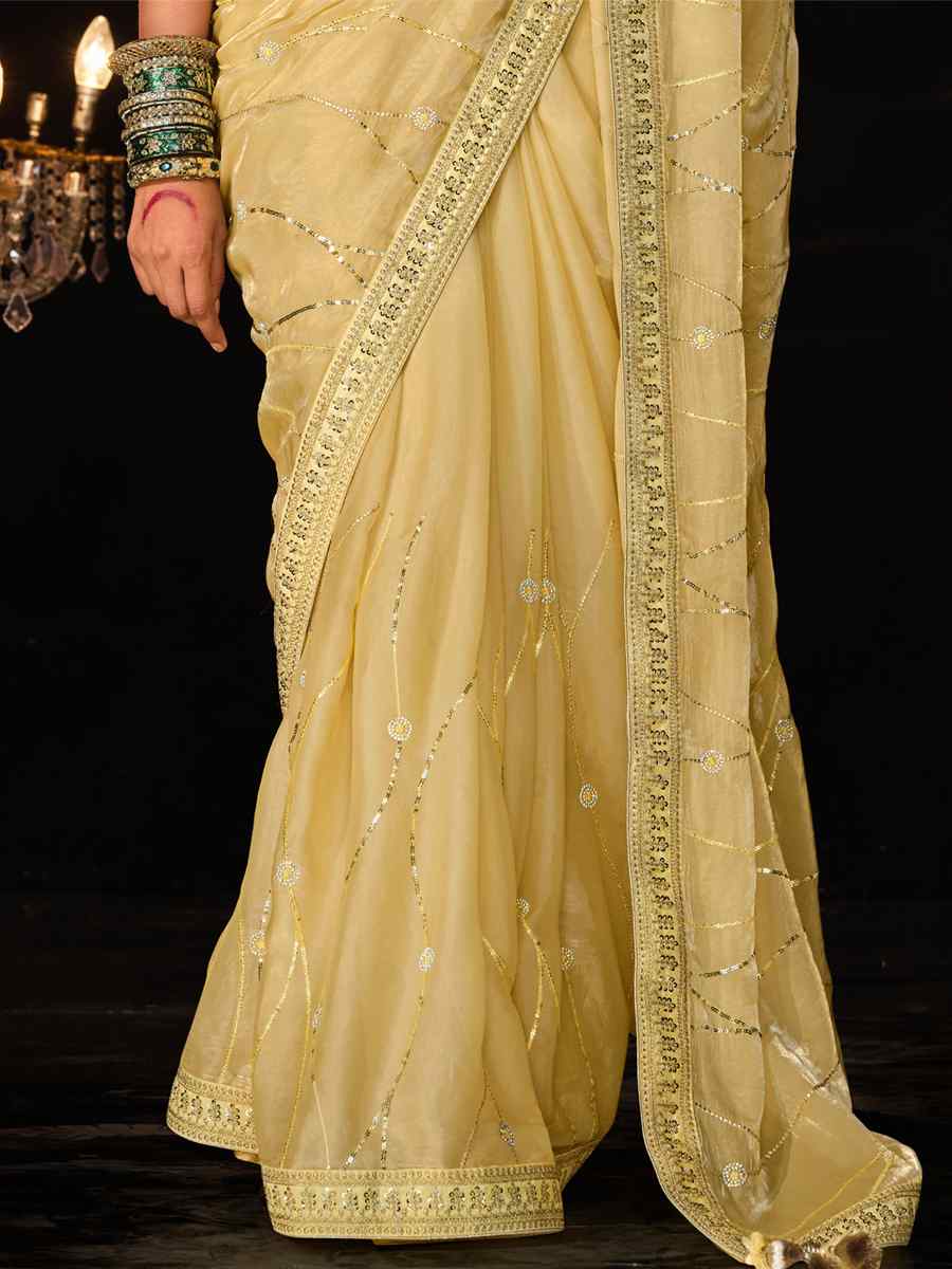 Lemon Glass Tissue Embroidered Wedding Festival Heavy Border Saree