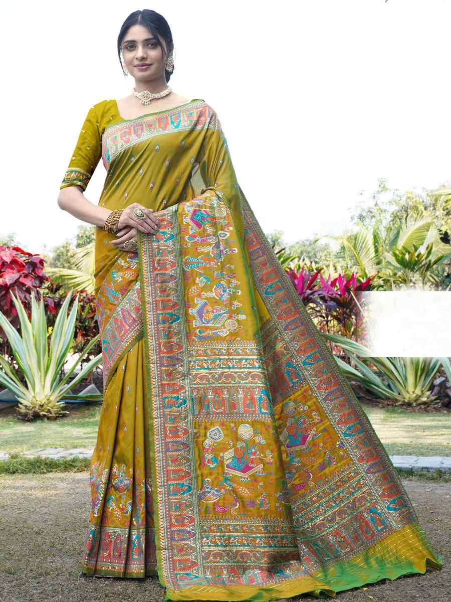 Lemon Green Silk Handwoven Wedding Festival Heavy Border Saree