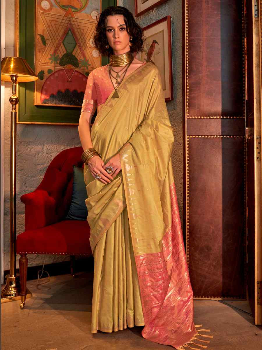 Lemon Green Tussar Silk Handwoven Festival Casual Heavy Border Saree