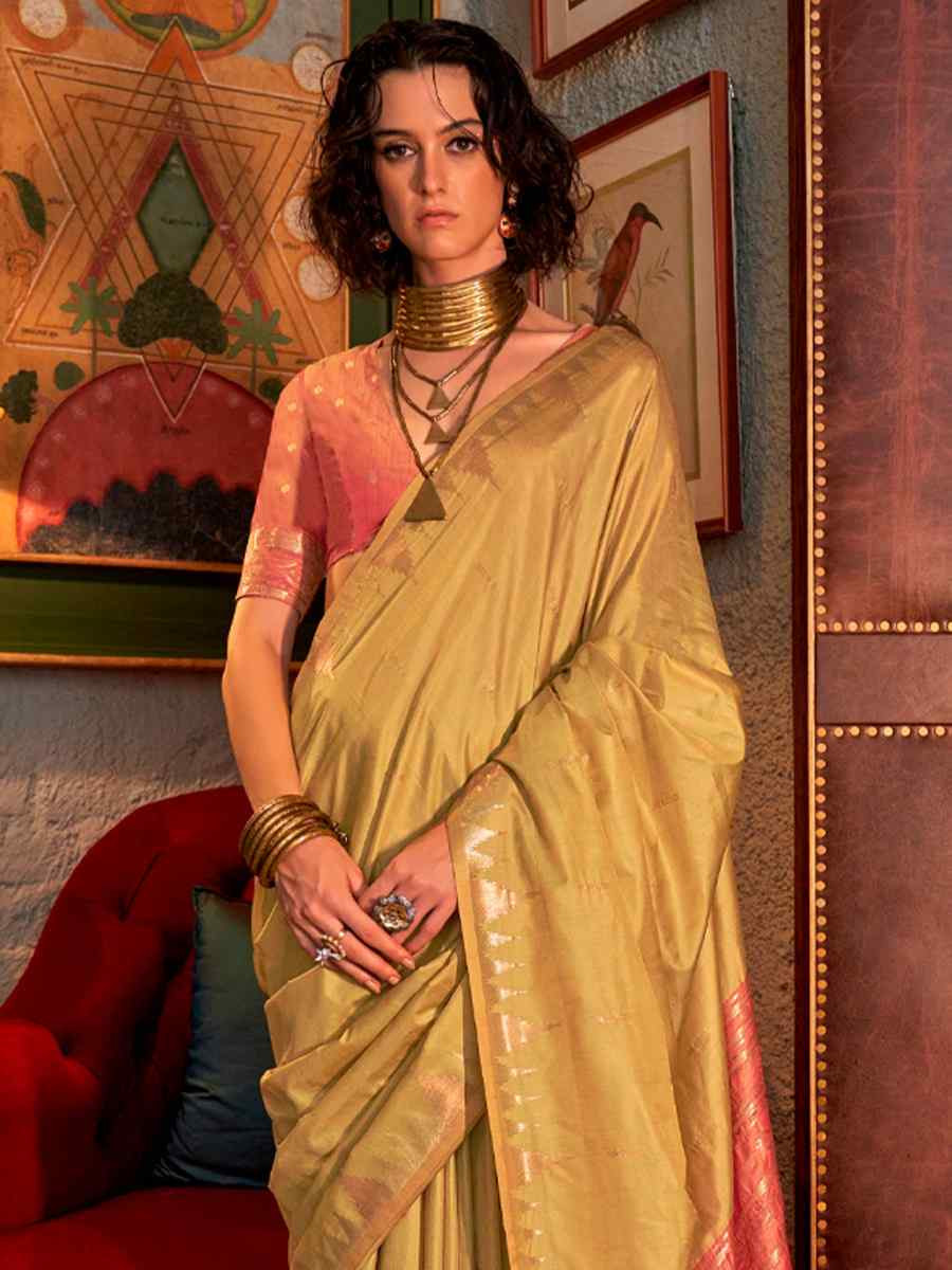 Lemon Green Tussar Silk Handwoven Festival Casual Heavy Border Saree