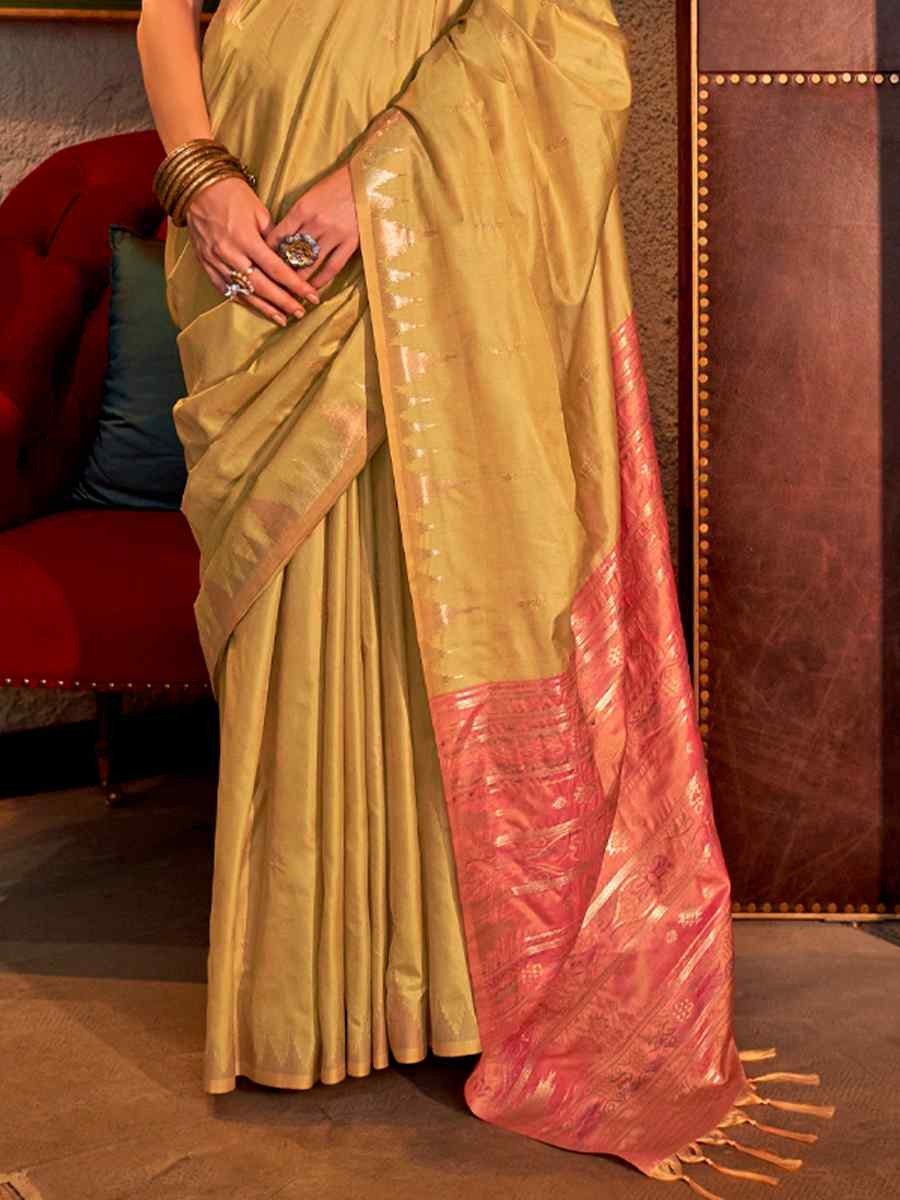 Lemon Green Tussar Silk Handwoven Festival Casual Heavy Border Saree