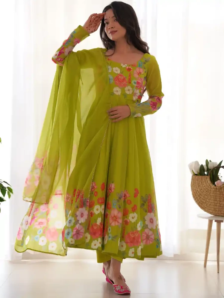 Lemon Heavy Pure Soft Organza Silk Embroidered Festival Party Ready Anarkali Salwar Kameez