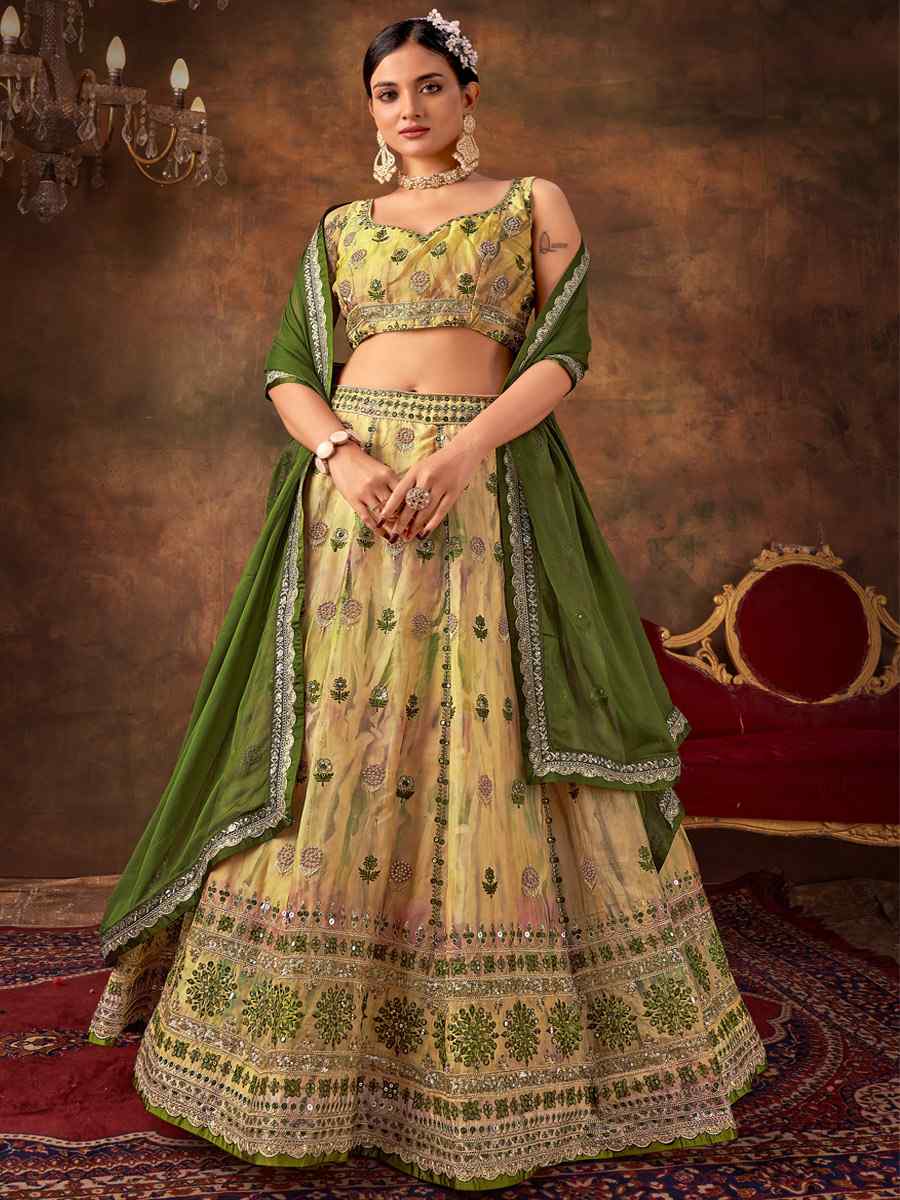 Lemon Pure Georgette Embroidered Bridesmaid Wedding Heavy Border Lehenga Choli