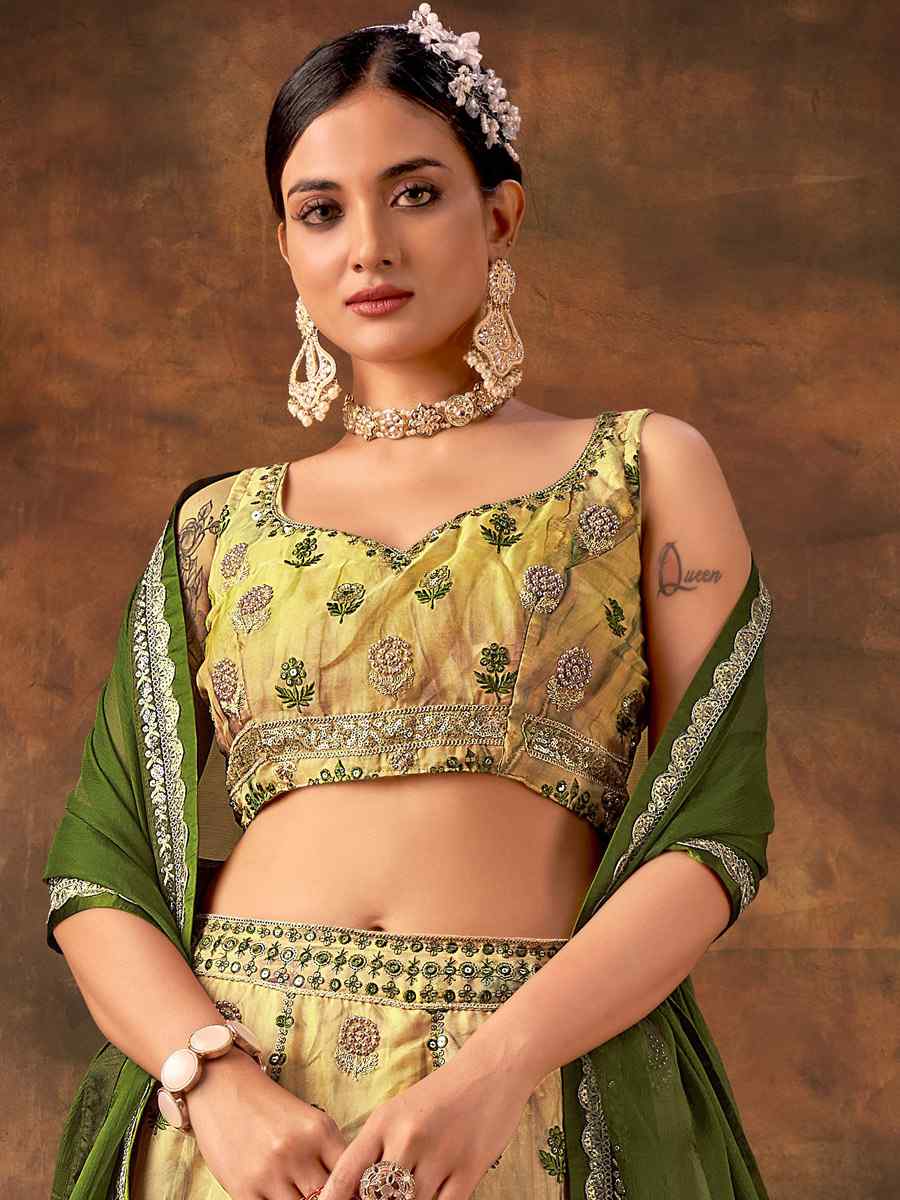 Lemon Pure Georgette Embroidered Bridesmaid Wedding Heavy Border Lehenga Choli