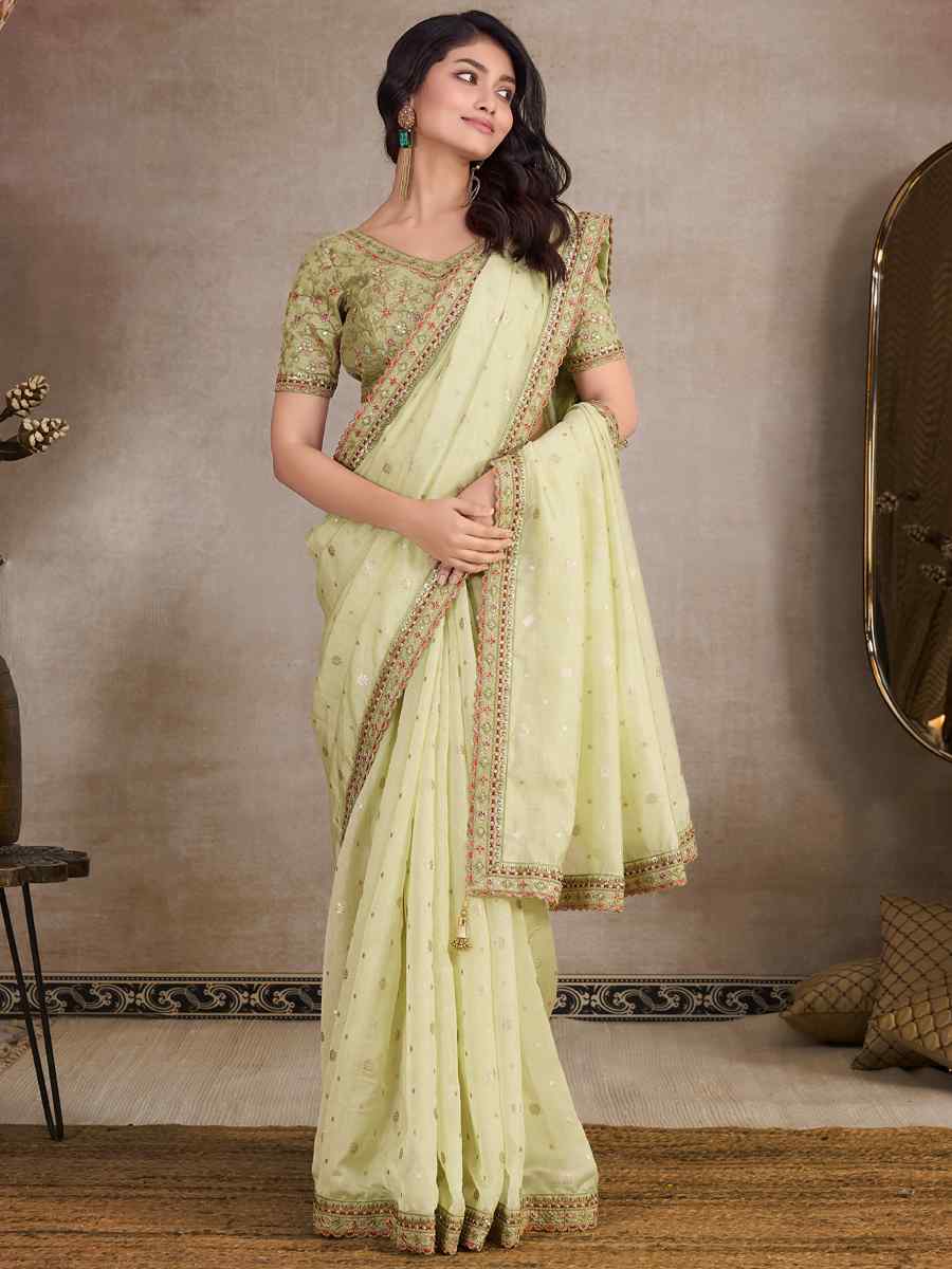 Lemon Silk Organza Embroidered Party Reception Heavy Border Saree