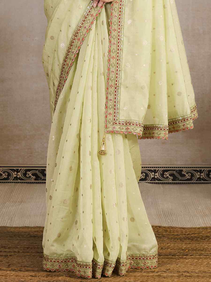 Lemon Silk Organza Embroidered Party Reception Heavy Border Saree