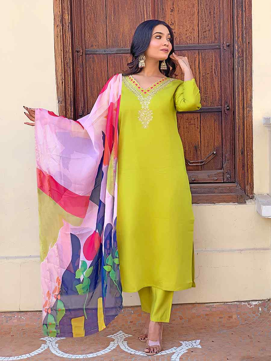 Lemon Viscose Embroidered Festival Casual Ready Pant Salwar Kameez