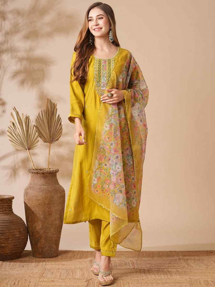 Lemon Yellow Chanderi Cotton Embroidered Festival Casual Ready Pant Salwar Kameez