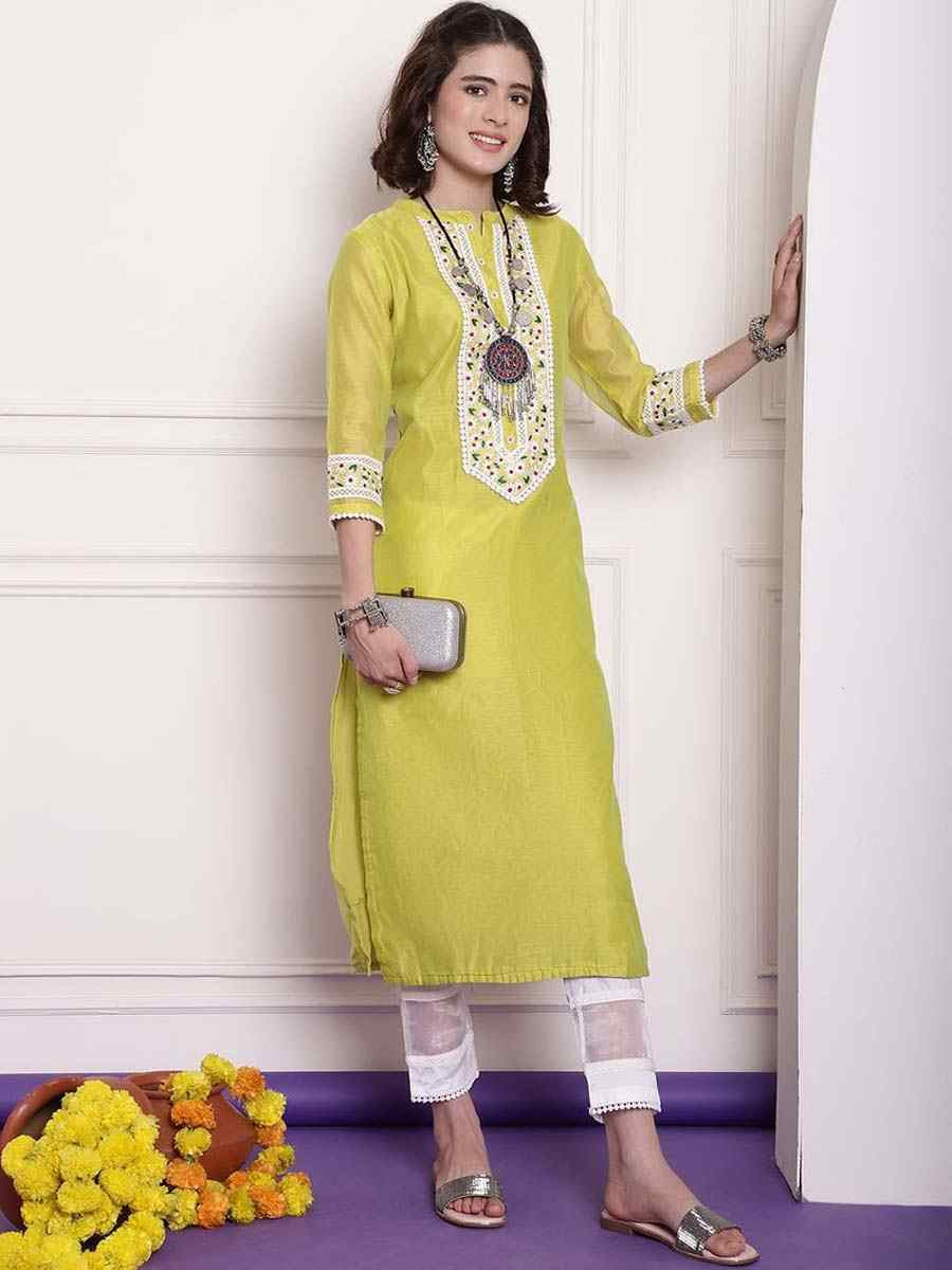 Lemon Yellow Chanderi Embroidered Festival Casual Kurti