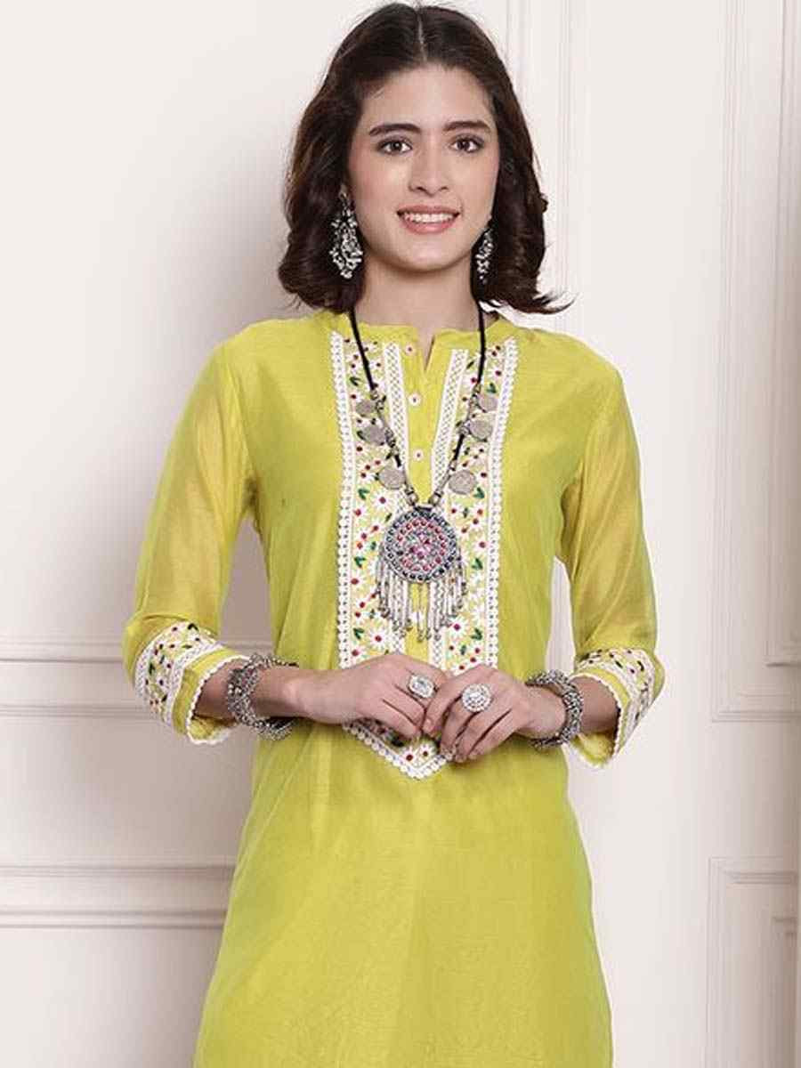 Lemon Yellow Chanderi Embroidered Festival Casual Kurti